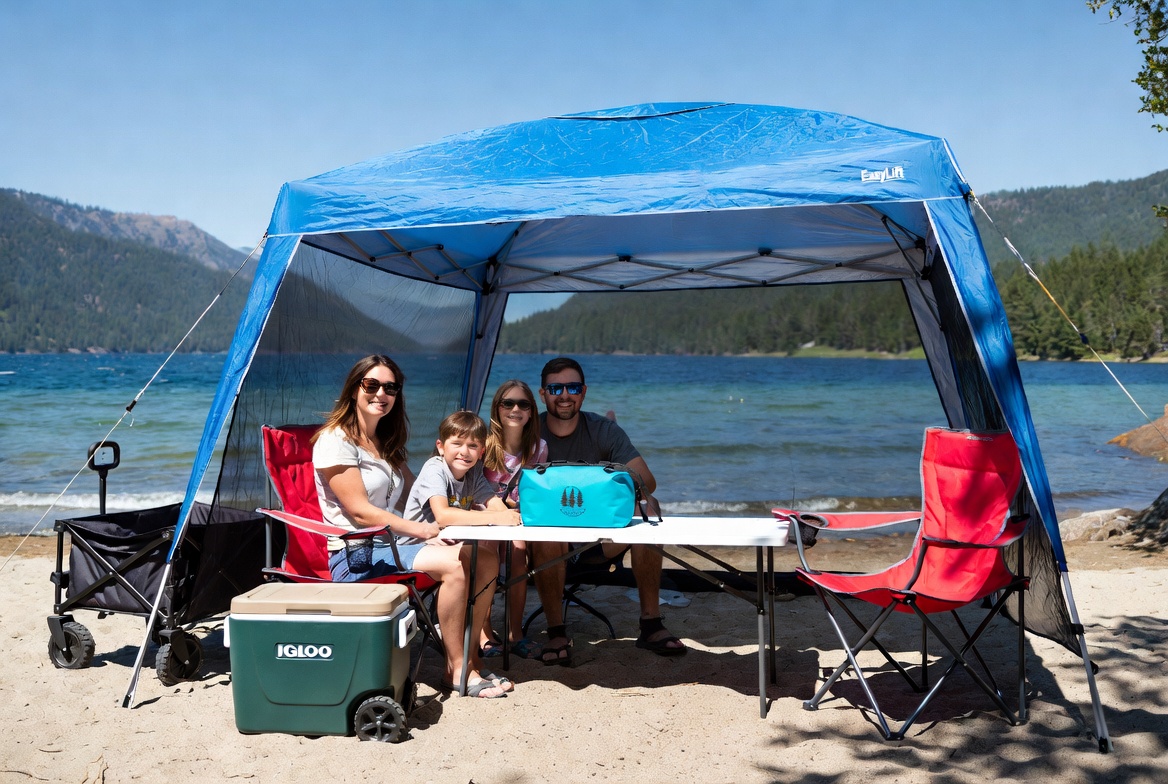 Preview of a Trinity Lake family setup with shade canopy, chairs, and a wagon.
