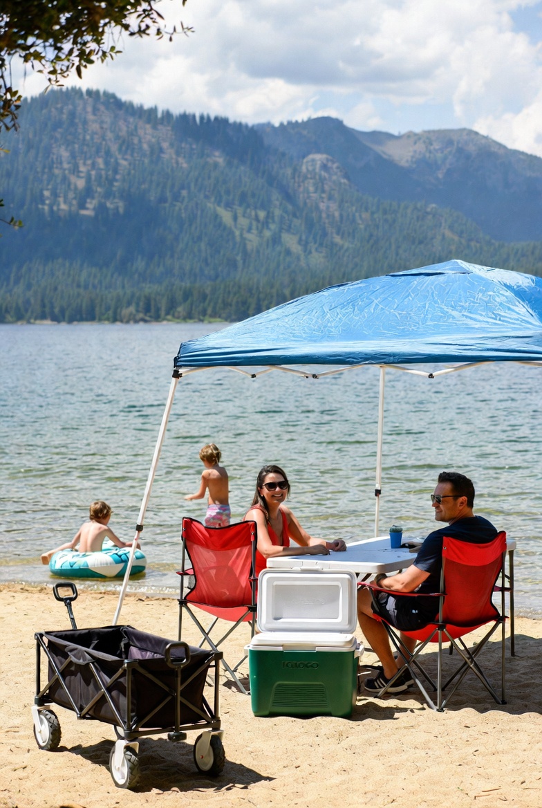 Campsite-style Trinity Lake setup with shared shade and seating.